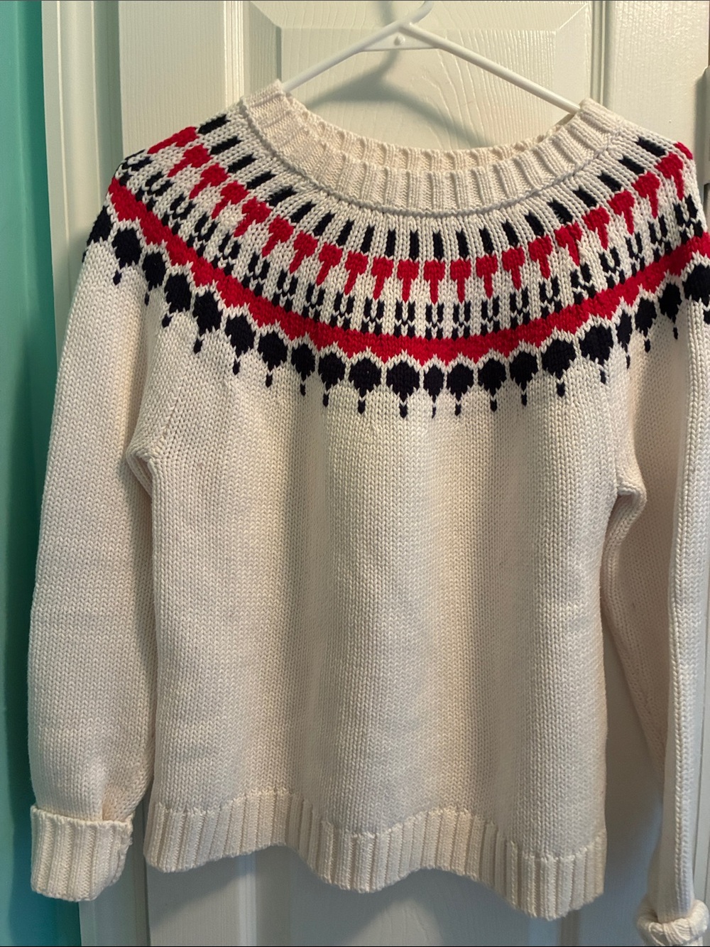 J. Crew Cream Fair Isle Crewneck Sweater with Red & Black Accent